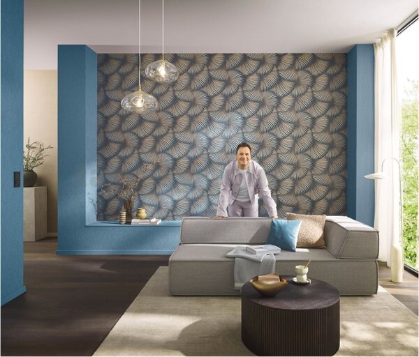 Vliesové tapety na zeď GMK Fashion for walls 5 10525-08, rozměr 10,05 m x 0,53 m, 3D twill zlatý na modrém podkladu, Erismann