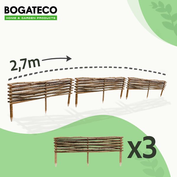 BOGATECO 3 x lemování záhonů z lískových oříšků | výška 20 cm a délka 90 cm | plot z latěk Ideální jako lemování záhonů