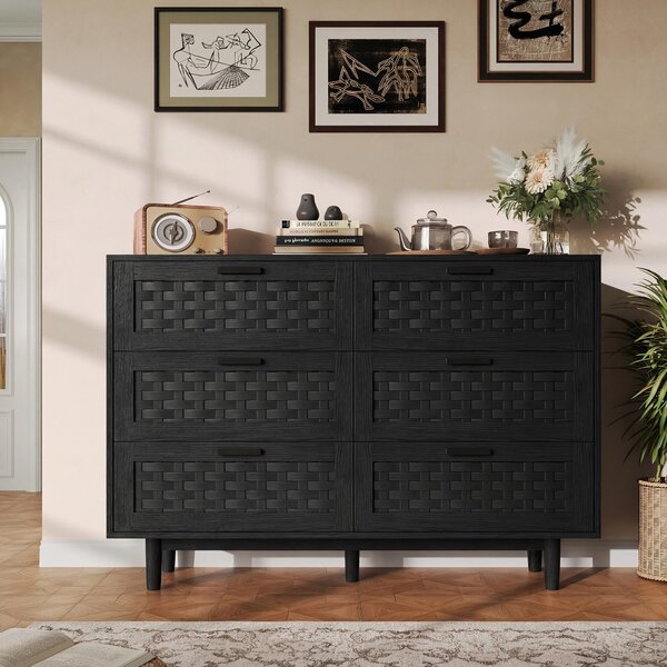 Komoda ProximaX, černá, 6 zásuvek, imitace ratanu, 115 x 40 x 80 cm, bezpečnostní pojistka proti převrácení, dřevěná skříňka do ložnice, obývacího pokoje a jídelny