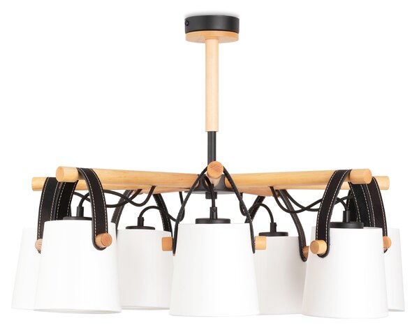 Light for home - Lustr na tyči z dřevěnými prvky a koženými řemínkami, stínítkami v bílém provedení 60407 "RIONI", 7x40W, E27, černá, přírodní olše, černá kůže