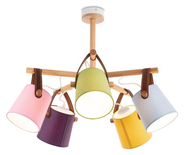 Light for home - Lustr na tyči s dřevěnými prvky a koženými řemínky 60655 "RIONI", 5x40W, E27, bílá, přírodní olše, hnědá kůže