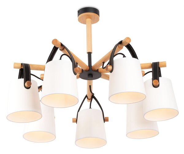 Light for home - Lustr na tyči z dřevěnými prvky a koženými řemínkami, stínítkami v bílém provedení 60407 "RIONI", 7x40W, E27, černá, přírodní olše, černá kůže