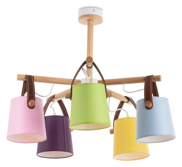 Light for home - Lustr na tyči s dřevěnými prvky a koženými řemínky 60655 "RIONI", 5x40W, E27, bílá, přírodní olše, hnědá kůže