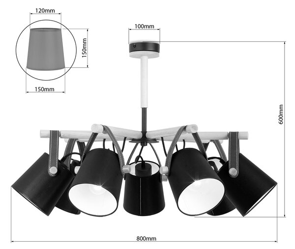 Light for home - Lustr na tyči z dřevěnými prvky a koženými řemínkami, stínítkami v bílém provedení 60407 "RIONI", 7x40W, E27, černá, přírodní olše, černá kůže