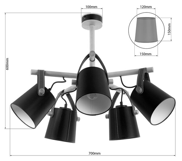 Light for home - Lustr na tyči s dřevěnými prvky a koženými řemínky 60655 "RIONI", 5x40W, E27, bílá, přírodní olše, hnědá kůže