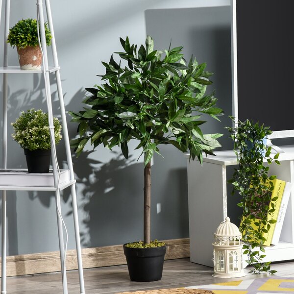 Outsunny Set 2 Umělých Vavřínových Stromů, 90 cm Umělé Rostliny v Betonových Květináčích, Vnitřní Rostlina, Umělé Rostliny pro Interiér i Exteriér, De