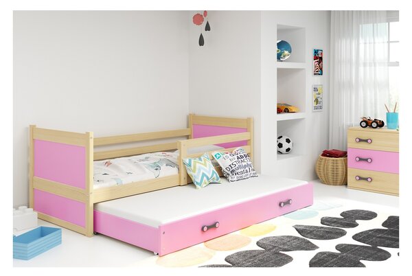 Dětská postel s přistýlkou a matracemi 90x200 FERGUS - borovice / růžová