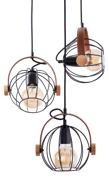 Light for home - Závěsné svítidlo na lanku 60108 "LEON", 3x60W, E27, černá, hnědá kůže