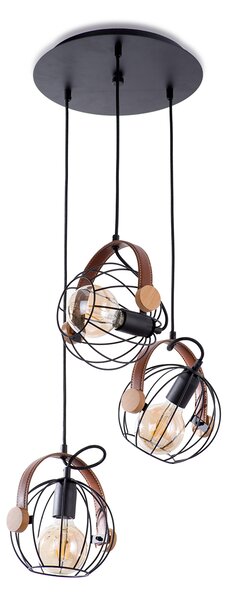 Light for home - Závěsné svítidlo na lanku 60108 "LEON", 3x60W, E27, černá, hnědá kůže