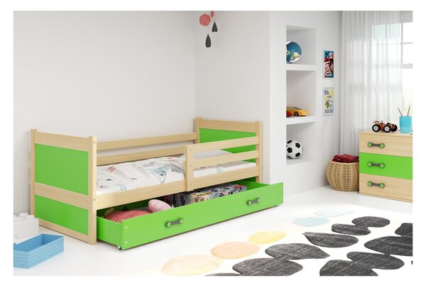 Dětská postel s úložným prostorem bez matrace 90x200 FERGUS - borovice / zelená