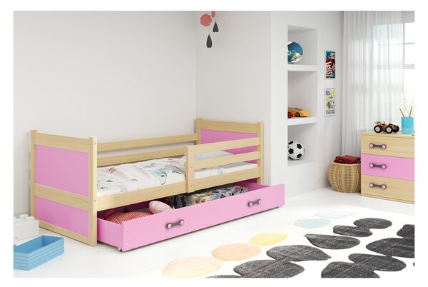 Dětská postel s úložným prostorem bez matrace 90x200 FERGUS - borovice / růžová