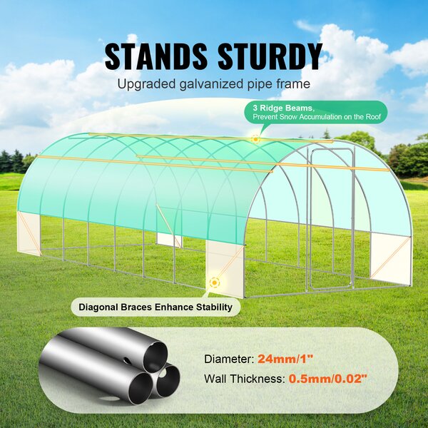 SucceBuy tunelový skleník, 27,4 x 9,5 x 7,4 stop, fóliový skleník s pozinkovaným rámem, zeleným PE krytem, křídlovými dveřmi a 16 okny, ideální pro zahradu