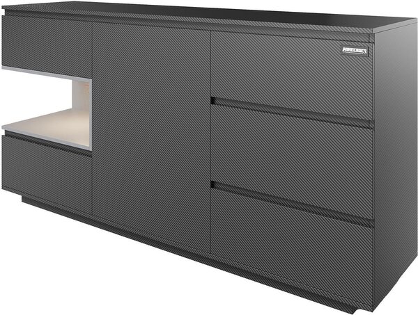 Příborník - 160 x 82 cm - 1 dvířka - 5 zásuvek - černý - s LED RGB podsvícením