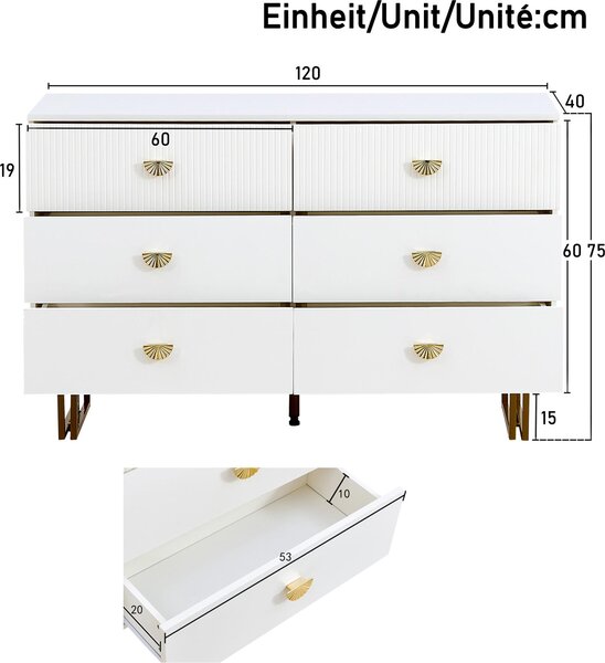 Příborník Fortuna Lai se 6 zásuvkami v bílé a zlaté barvě - moderní design z MDF a oceli, ideální do ložnice, obývacího pokoje a předsíně, 120x40x75 cm