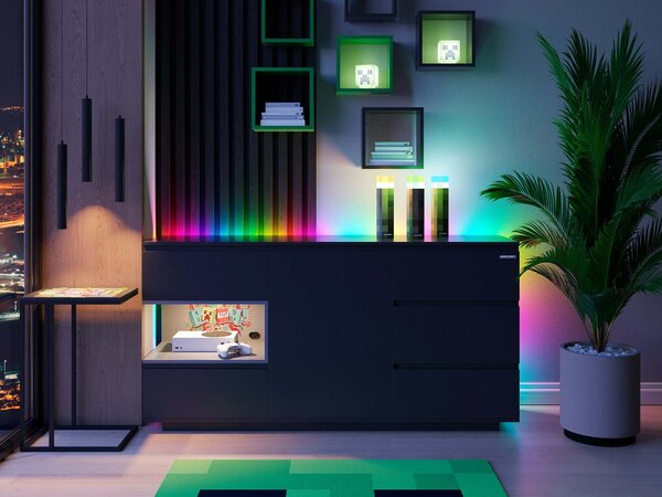 Příborník - 160 x 82 cm - 1 dvířka - 5 zásuvek - černý - s LED RGB podsvícením