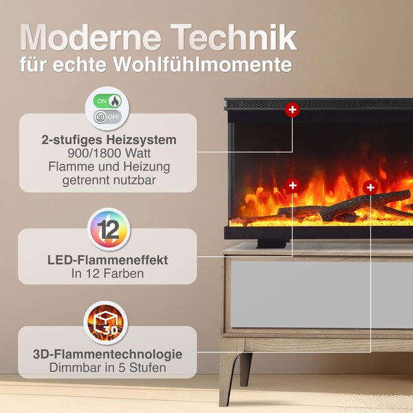 KAMINIO Elektrický krb LEA – Elektrický krb 3 v 1 s panoramatickým výhledem, topením, 3D efektem plamenů, 12 barvami plamenů, dálkovým ovládáním – 60 palců