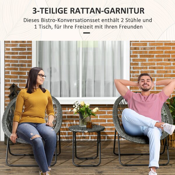 Sada zahradního nábytku Outsunny z poly ratanu, skládací venkovní sezení pro 2 osoby, 3-dílná sada s 2 židlemi a stolem, odolný zahradní nábytek pro t