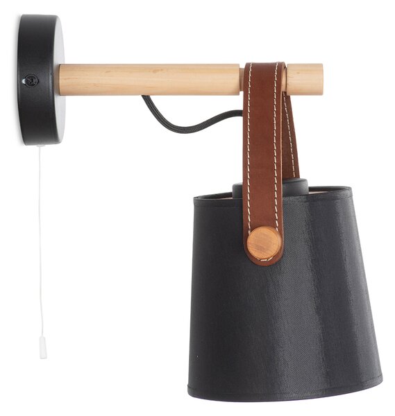 Light for home - Nástěnné svítidlo s integrovaným šňůrovým vypínačem. 40922 "RIONI", 1x40W, E27, černá, přírodní olše, hnědá kůže