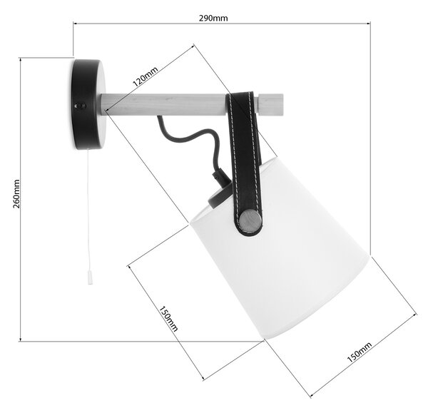 Light for home - Nástěnné svítidlo s integrovaným šňůrovým vypínačem. 40922 "RIONI", 1x40W, E27, bílá, přírodní olše, hnědá kůže