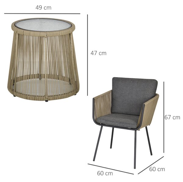 Outdoorová zahradní souprava Outsunny Poly Rattan, nábytek na balkon pro 2 osoby, 3-dílná zahradní souprava se 2 židlemi a stolem, polstry na sezení