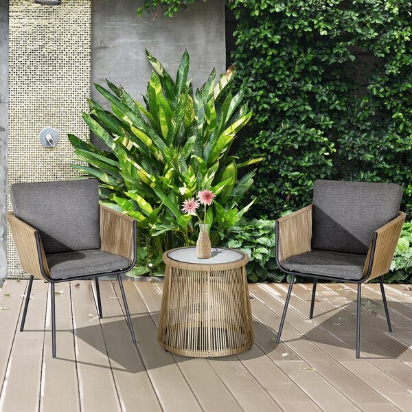 Outdoorová zahradní souprava Outsunny Poly Rattan, nábytek na balkon pro 2 osoby, 3-dílná zahradní souprava se 2 židlemi a stolem, polstry na sezení
