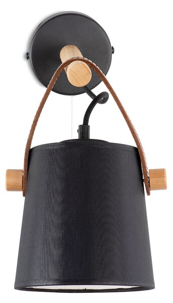 Light for home - Nástěnné svítidlo s integrovaným šňůrovým vypínačem. 40922 "RIONI", 1x40W, E27, černá, přírodní olše, hnědá kůže