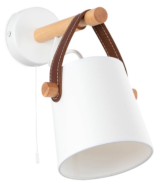 Light for home - Nástěnné svítidlo s integrovaným šňůrovým vypínačem. 40922 "RIONI", 1x40W, E27, bílá, přírodní olše, hnědá kůže