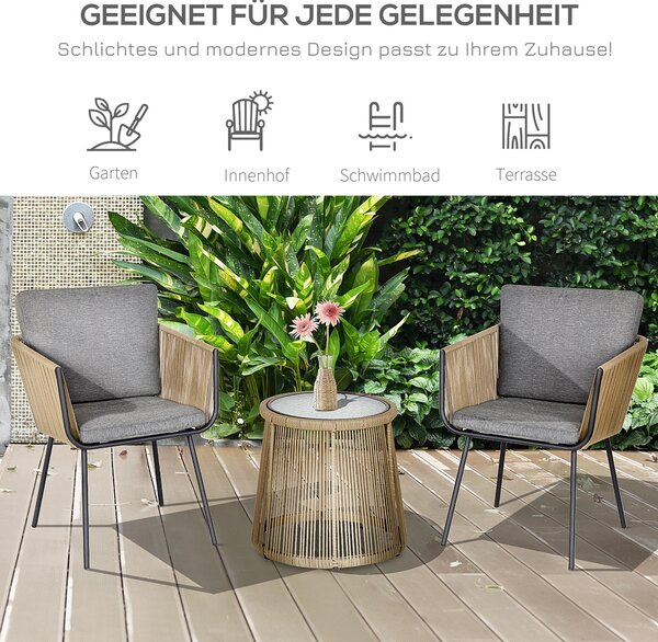 Outdoorová zahradní souprava Outsunny Poly Rattan, nábytek na balkon pro 2 osoby, 3-dílná zahradní souprava se 2 židlemi a stolem, polstry na sezení