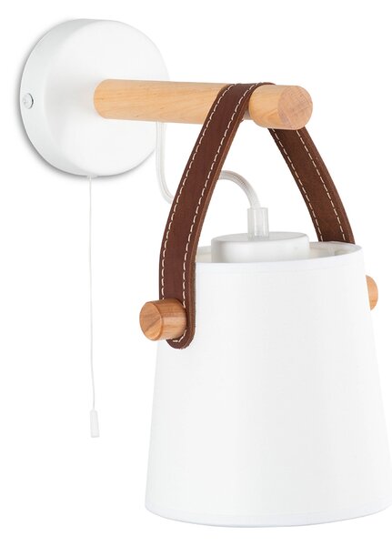 Light for home - Nástěnné svítidlo s integrovaným šňůrovým vypínačem. 40922 "RIONI", 1x40W, E27, bílá, přírodní olše, hnědá kůže