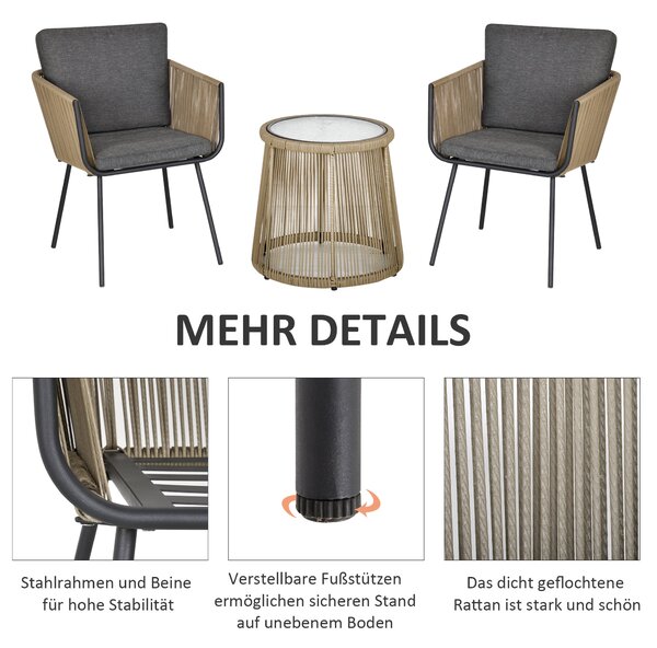 Outdoorová zahradní souprava Outsunny Poly Rattan, nábytek na balkon pro 2 osoby, 3-dílná zahradní souprava se 2 židlemi a stolem, polstry na sezení