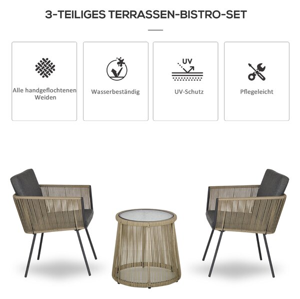 Outdoorová zahradní souprava Outsunny Poly Rattan, nábytek na balkon pro 2 osoby, 3-dílná zahradní souprava se 2 židlemi a stolem, polstry na sezení