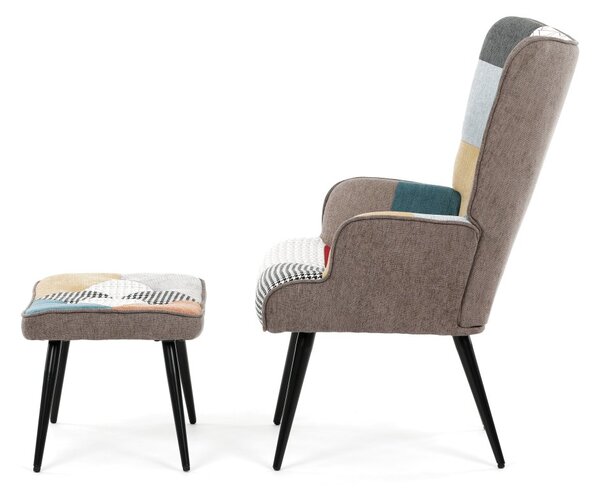 Relaxační křeslo ušák s taburetem ROYAL II — kov, látka, patchwork
