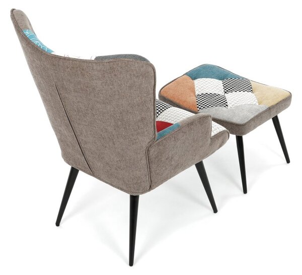 Relaxační křeslo ušák s taburetem ROYAL II — kov, látka, patchwork