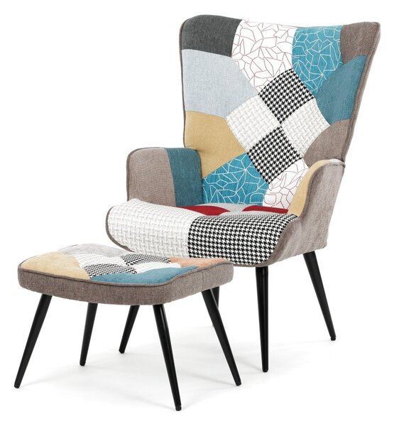 Relaxační křeslo ušák s taburetem ROYAL II — kov, látka, patchwork