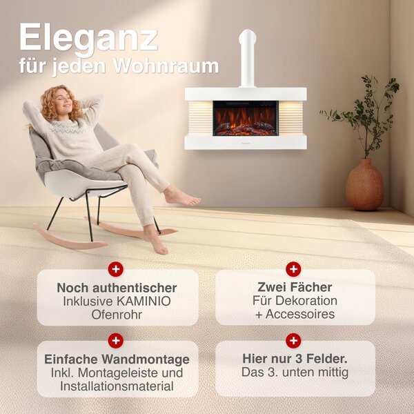 Elektrický krb KAMINIO LIZ s kamny - Elektrický nástěnný krb s vytápěním, 3D efektem plamene, LED ambientním světlem, dálkovým ovládáním - bílý