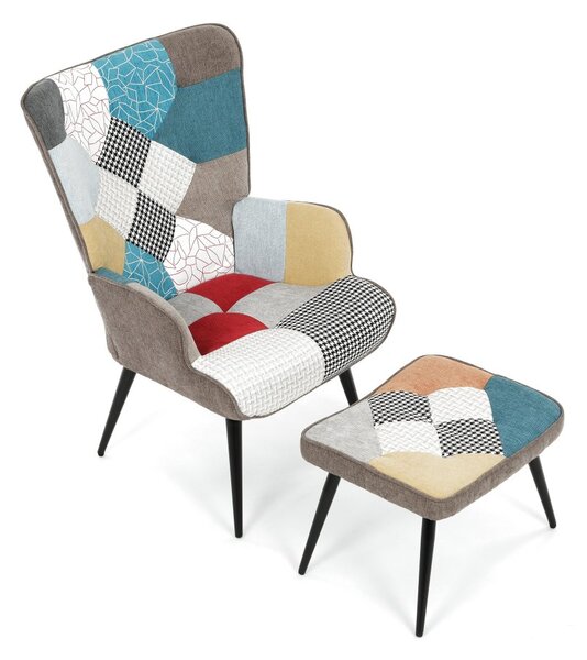 Relaxační křeslo ušák s taburetem ROYAL II — kov, látka, patchwork