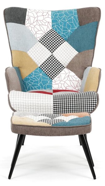 Relaxační křeslo ušák s taburetem ROYAL II — kov, látka, patchwork