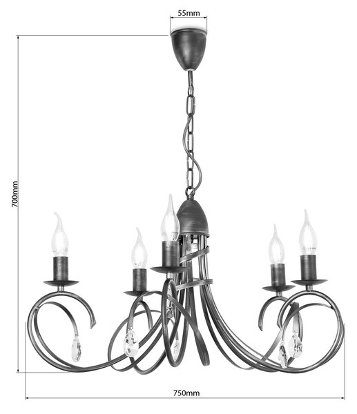 Light for home - Závěsný lustr na řetězu 18505 "VIRGINIA CRYSTAL", 5x40W, E14, bílá, stříbrná patina