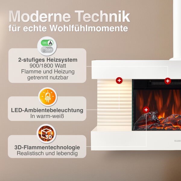 Elektrický krb KAMINIO LIZ s kamny - Elektrický nástěnný krb s vytápěním, 3D efektem plamene, LED ambientním světlem, dálkovým ovládáním - bílý