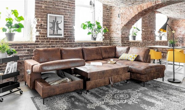 Hnědá rozkládací pohovka do "U" z imitace kůže Miuform Lofty Lilly Vintage, pravý roh