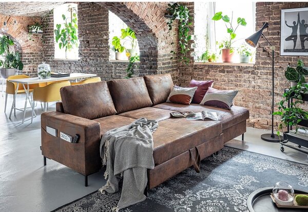 Hnědá rozkládací rohová pohovka z imitace kůže Miuform Lofty Lilly Vintage, pravý roh