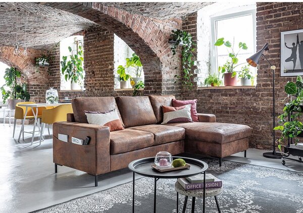 Hnědá rozkládací rohová pohovka z imitace kůže Miuform Lofty Lilly Vintage, pravý roh