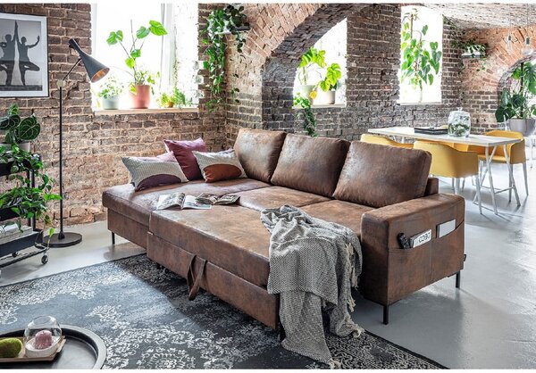 Hnědá rozkládací rohová pohovka z imitace kůže Miuform Lofty Lilly Vintage, levý roh
