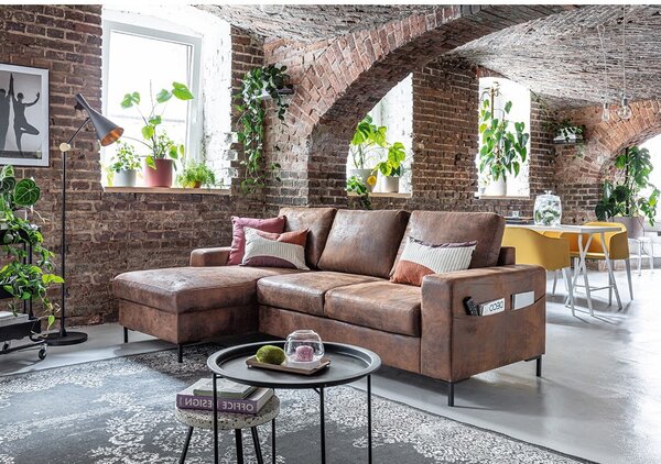 Hnědá rozkládací rohová pohovka z imitace kůže Miuform Lofty Lilly Vintage, levý roh