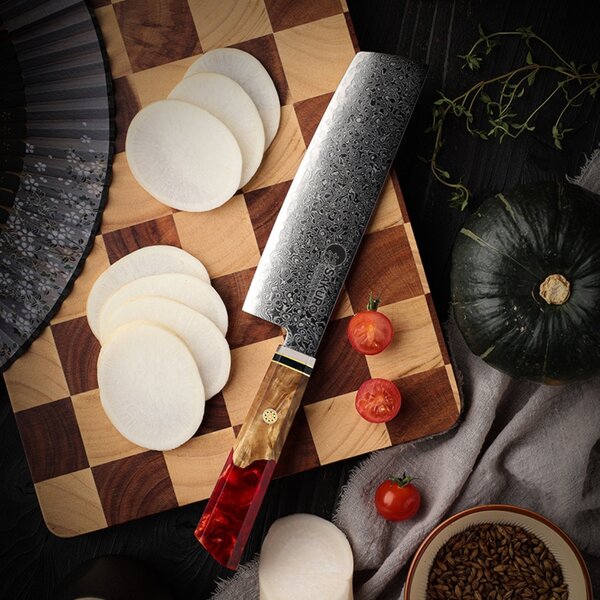 Japonský nůž Nakiri z damaškové oceli SaKuRo Red 17,8 cm