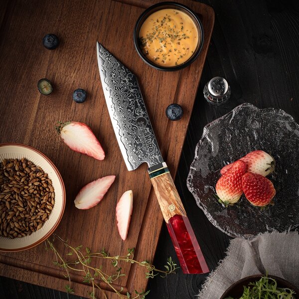 Japonský nůž Kiritsuke z damaškové oceli SaKuRo Red 14,1 cm