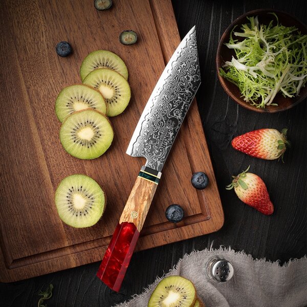 Japonský nůž Kiritsuke z damaškové oceli SaKuRo Red 14,1 cm