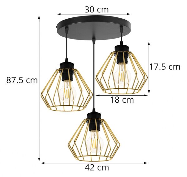 Light for home - Závěsné svítidlo na lanku s kovovými stínítky LH005 "SANTOS LOFT", 3x60W, E27, Černá