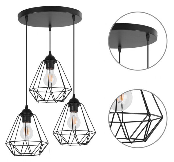 Light for home - Závěsné svítidlo na lanku s kovovými stínítky LH001 "DIAMOND LOFT CORRAL", 3x60W, E27, Černá