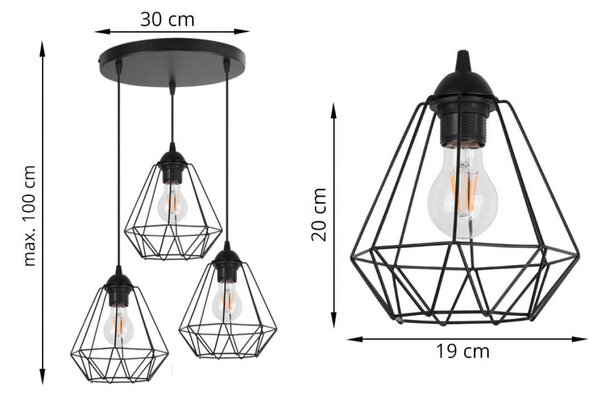 Light for home - Závěsné svítidlo na lanku s kovovými stínítky LH001 "DIAMOND LOFT CORRAL", 3x60W, E27, Černá